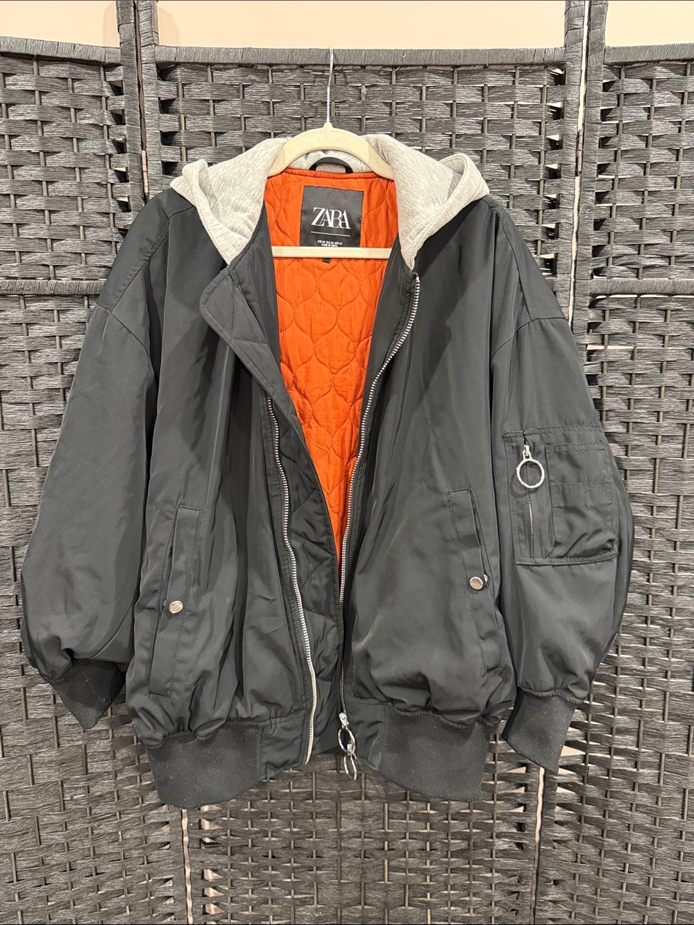Zara Oversized Black Bomber Jacket with Orange Quilted Lining and Gray Hood